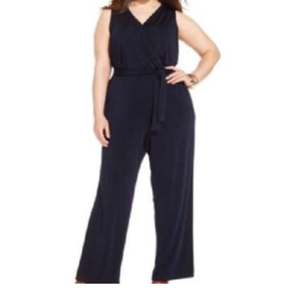 NY Collection Faux Wrap Jumpsuit Navy Blue Plus 3X